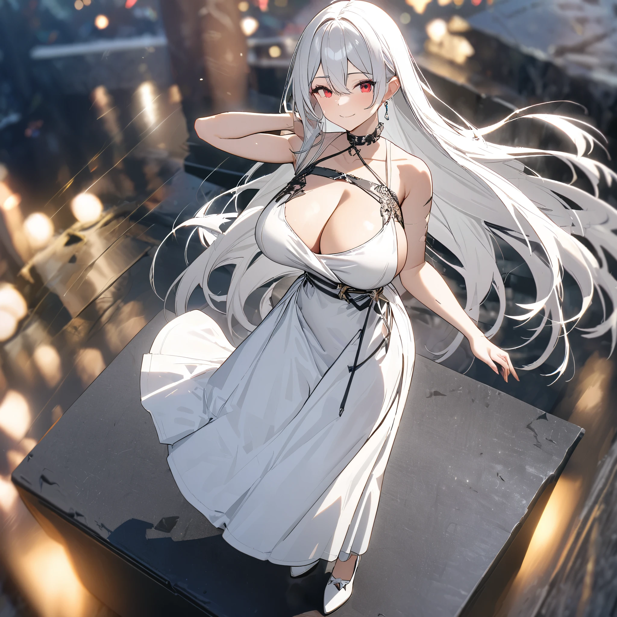 A woman wearing a white dress, exposed shoulders, big breasts, red eyes, white hair, smiling, white heels, standing on a concrete platform,(solo woman) ,UHD , prime work , accurate , anatomically correct , textured skin , super details , high quality , best quality, 8k, high resolution, bokeh effect.