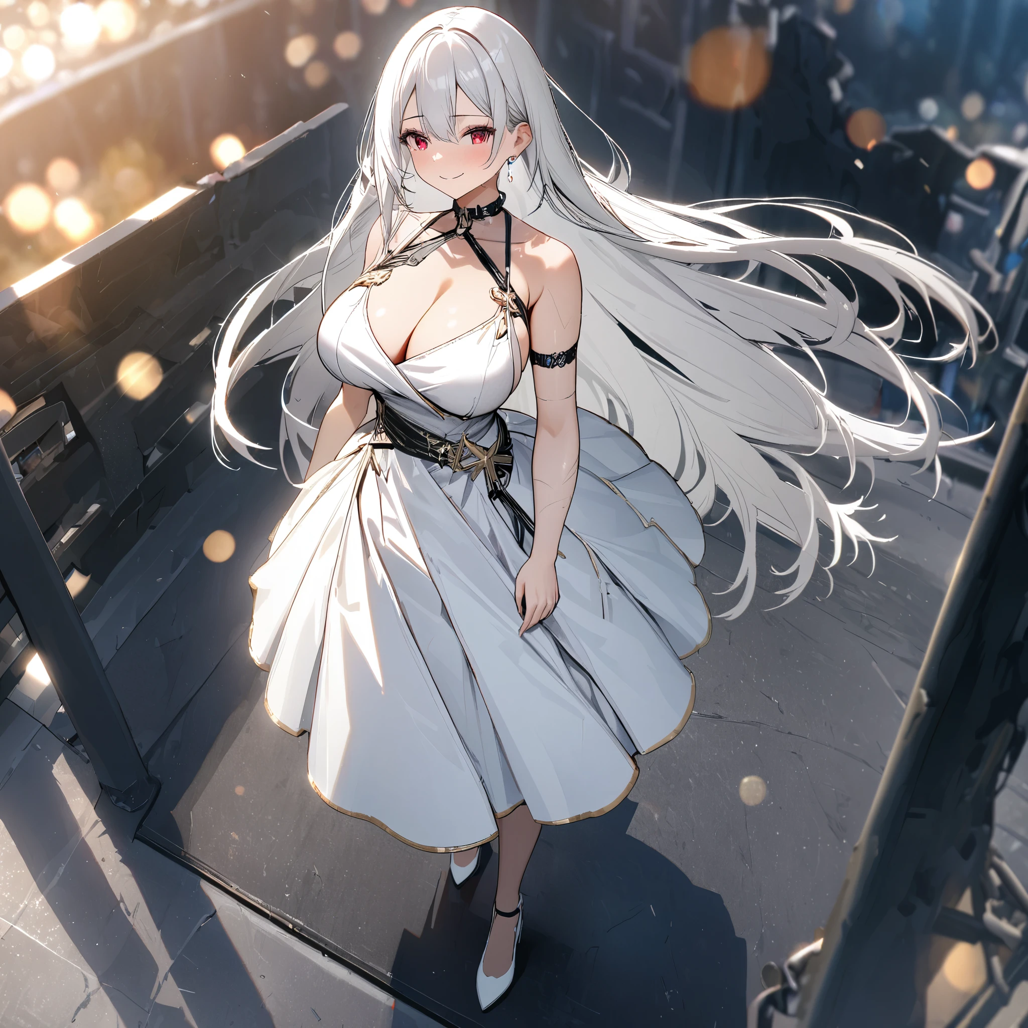 A woman wearing a white dress, exposed shoulders, big breasts, red eyes, white hair, smiling, white heels, standing on a concrete platform,(solo woman) ,UHD , prime work , accurate , anatomically correct , textured skin , super details , high quality , best quality, 8k, high resolution, bokeh effect.