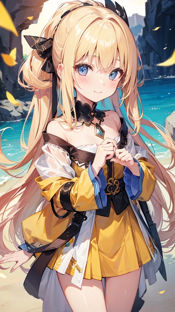 ((masterpiece))((Highest quality))girl、smile、blush、Flat Chest、Are thin、Blonde Hair、Long hair up to half of one's height、blush、Are standing、Whole body image、Even your toes are visible、Eye level on face、front、No background、真frontのアングル
