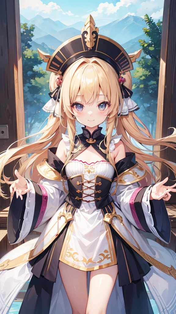 ((masterpiece))((Highest quality))girl、smile、blush、Flat Chest、Are thin、Blonde Hair、Long hair up to half of one's height、blush、Are standing、Whole body image、Even your toes are visible、Eye level on face、front、No background、真frontのアングル