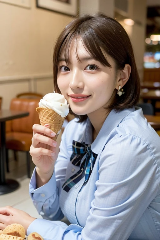 Tabletop, Highest quality, figure, Super detailed, In detail, High resolution, 8k wallpaper, Perfect dynamic composition, 1 beautiful girl, Beautiful attention to detail, (Look at the parfait), Girly blue blouse, Medium Hair, Normal chest, Natural color lip, Random Pause, smile, Open your mouth:1.2, Stylish cafe, 20-year-old girl, sit, One girl, alone, Open your mouth, Brown short hair,View your viewers, White shirt, bow,Holding, jewelry, Earrings, food, indoor, Plaid, eat, Holding food, Realistic, ice cream, ice cream cone
