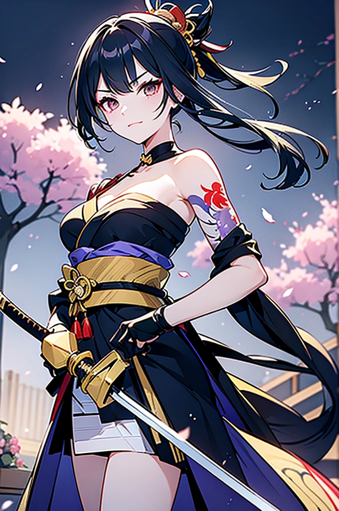 ((roll up bandage sideways on a  chest tightly to cover the chest without gaps)),  bandage samweways, the bantage is no chest shape, flat chest, ((Japanese Gangster BOSS)), adult woman with the dignified presence, Killing Qi, wear nothing around shoulder, wear nothing around neck, wear the kimono, wear it below the waist, (I wind it up to control it, and to attach it),  ((kimono come off)) ,wear the kimono multiple times, Bare shoulders and the clavicle, black and gold kimono, put on over jacket of kimono, (holding a japanese sword which shine in purple, The handole of the sword is black, and the blade is gray, long sword), eye fire, low angle, whole body, bandage is seen, anime character, Glaring, off sholder, nappropriate smile, Excellent, black blue hair, can see both shoulder, long hem, small face, ((cherry blossam tattoo on the arm))