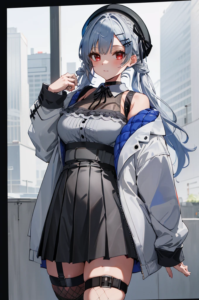 masterpiece, best quality, highres, hmhy1, hat, beret, braid, hairclip, large breasts, black choker, grey shirt, sleeveless shirt, white jacket, open jacket, long sleeves, black skirt, fishnets, thigh strap, single thighhigh, standing, cowboy shot,