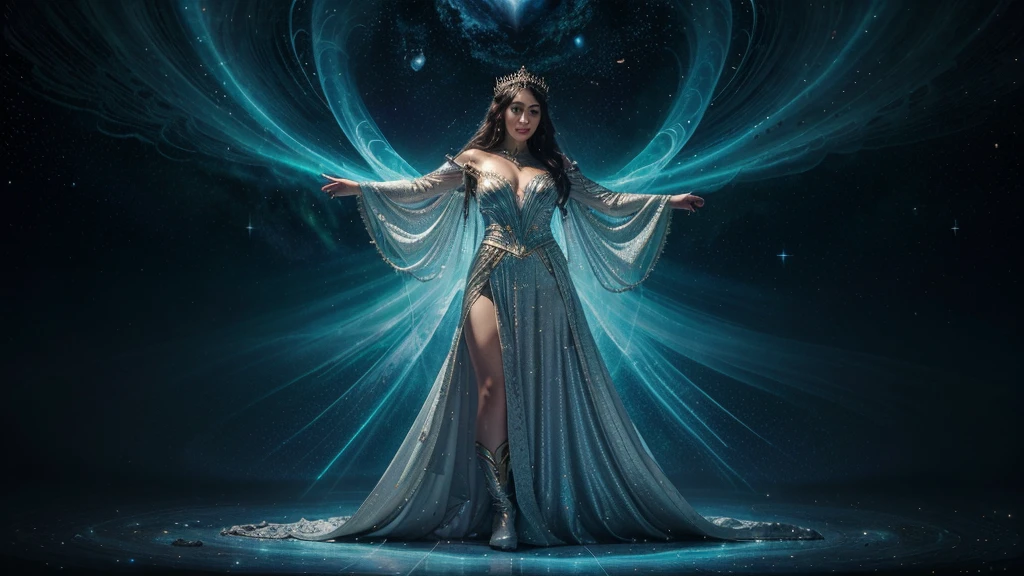 In a realm where galaxies collide and celestial clouds swirl, the ethereal enchantress Grace holds dominion. Her divine visage, framed by a halo of shimmering starlight tresses, radiates with the brilliance of a thousand cosmic furnaces. Grace's hair, woven from the very dust of shattered nebulae, flows weightlessly around her.
Eyes that gleam like the hearts of ancient stars gaze out at the universe, reflecting both wisdom and power. The enchantress is adorned in a majestic, floor-length gown crafted from the shimmering auroras of newly birthed worlds. The dress, with its high neckline and long sleeves, envelops her form completely, its fabric rippling like the whorls of distant galaxies.
A celestial cloak, embroidered with constellations, drapes over her shoulders and cascades down her back. As she moves, the cloak shimmers and shifts, mirroring the dance of solar flares. Her feet are clad in boots that seem forged from stardust and meteorite.
Fully clothed in her regal attire, Grace stands as the epitome of cosmic elegance. With each graceful movement, stardust swirls in her wake, crowning her as the sovereign of the celestial spheres. Her presence commands reverence, embodying the awe-inspiring beauty and mystery of the universe itself.