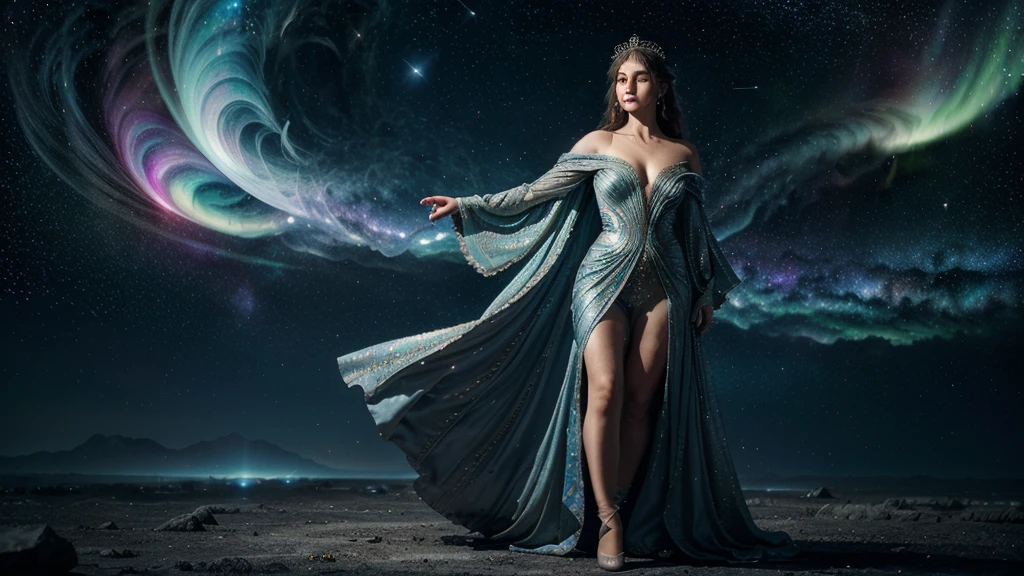 In a realm where galaxies collide and celestial clouds swirl, the ethereal enchantress Grace holds dominion. Her divine visage, framed by a halo of shimmering starlight tresses, radiates with the brilliance of a thousand cosmic furnaces. Grace's hair, woven from the very dust of shattered nebulae, flows weightlessly around her.
Eyes that gleam like the hearts of ancient stars gaze out at the universe, reflecting both wisdom and power. The enchantress is adorned in a majestic, floor-length gown crafted from the shimmering auroras of newly birthed worlds. The dress, with its high neckline and long sleeves, envelops her form completely, its fabric rippling like the whorls of distant galaxies.
A celestial cloak, embroidered with constellations, drapes over her shoulders and cascades down her back. As she moves, the cloak shimmers and shifts, mirroring the dance of solar flares. Her feet are clad in boots that seem forged from stardust and meteorite.
Fully clothed in her regal attire, Grace stands as the epitome of cosmic elegance. With each graceful movement, stardust swirls in her wake, crowning her as the sovereign of the celestial spheres. Her presence commands reverence, embodying the awe-inspiring beauty and mystery of the universe itself.