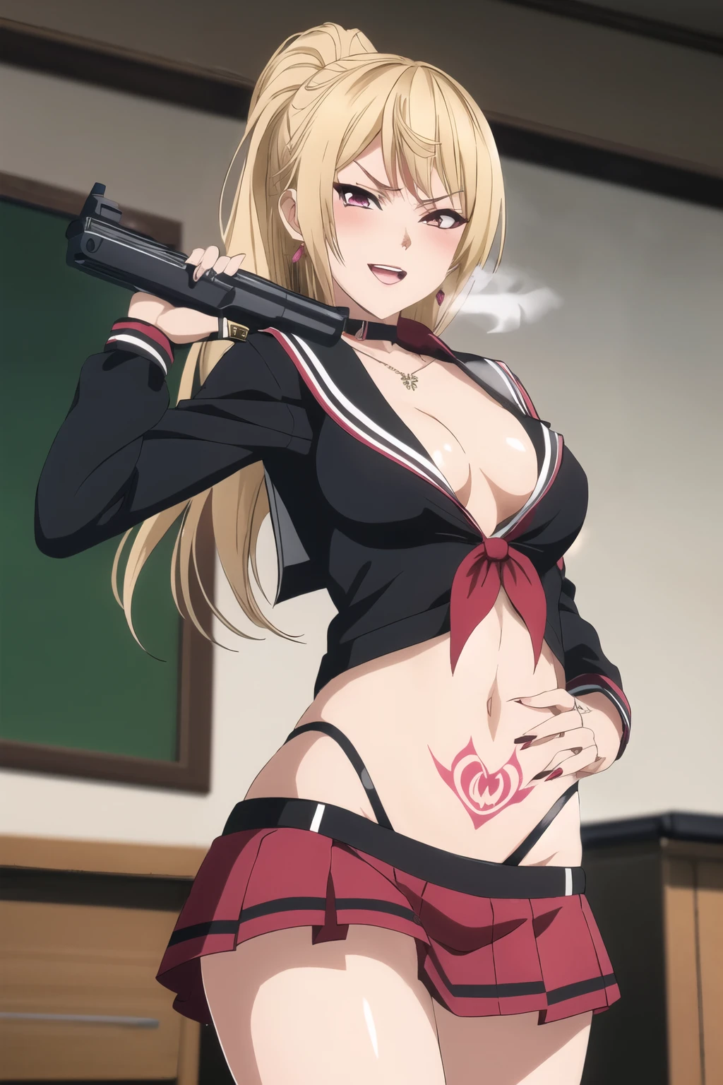 yukino, long hair, blush, lipstick, jewelry, earrings,  tattoo, Hot girl, baddie, staring, glaring, bad attitude, mean girl, dare, angry, hate, crazy, smoking, sensual, attractive, , blush, lipstick, masterpiece, best quality, highly detailed, a anime girls in sailor uniforms with a gun posing for a picture,
evil smile, smile, open mouth,black_serafuku, ecchi anime style, anime girls , (nsfw) not safe for work,
ecchi style, ecchi, shipgirls, digital anime art!!, high school girls, holding a gun, hold a gun, anime style 4
k, micro skirt, exposed belly, exposed navel, exposed midriff,
exposed lower belly,school, classroom