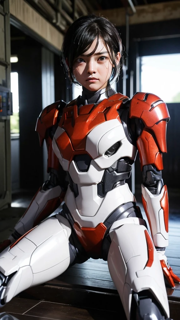 Rough skin, Very detailed, Advanced Details, high quality, 最high quality, High resolution, 1080P, hard disk, beautiful,(War Machine),beautifulサイボーグの女性,Red Mecha Cyborg Girl,Fight,Girl with a mechanical body,、 girl　Very short hair、Sweaty brown eyes、Sweat-soaked face、Expressions of unfair treatment　cute　Black Hair(Steam from the body)　((Steam coming out of my head)) (((Steam coming out of the whole body))) 　Spread your legs Spread your legs　(Shyness) bare hands　I can see the vagina