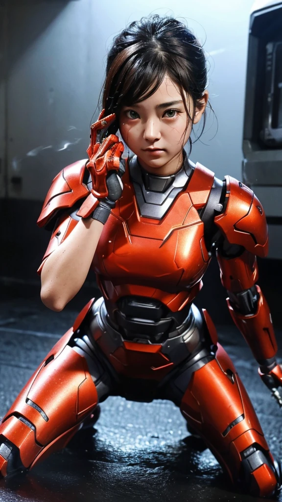 Rough skin, Very detailed, Advanced Details, high quality, 最high quality, High resolution, 1080P, hard disk, beautiful,(War Machine),beautifulサイボーグの女性,Red Mecha Cyborg Girl,Fight,Girl with a mechanical body,、Junior high school girl　Very short hair、Sweaty brown eyes、Sweat-soaked face、Expressions of unfair treatment　cute　Black Hair(Steam from the body)　((Steam coming out of my head)) (((Steam coming out of the whole body))) 　Spread your legs Spread your legs　(Shyness) bare hands　I can see the vagina