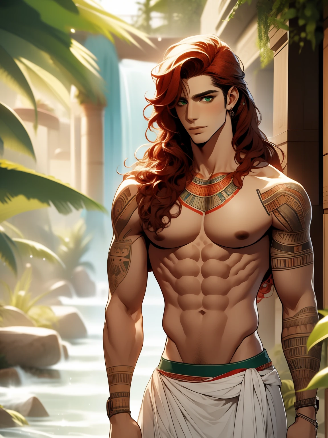 green eyes, red curly hair, long hair, shoulder length hair, naked body, beautiful eyes, blush, egyptian, penis, athletic body, male, nude, solo, rhone tattoo, tattooed body, full body tattoo, viking rune tattoo, anime, non muscular,