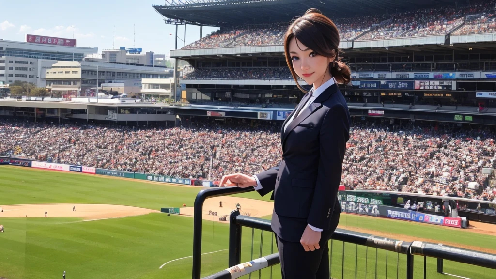 A female announcer in a suit is broadcasting live from Koshien Stadium.。