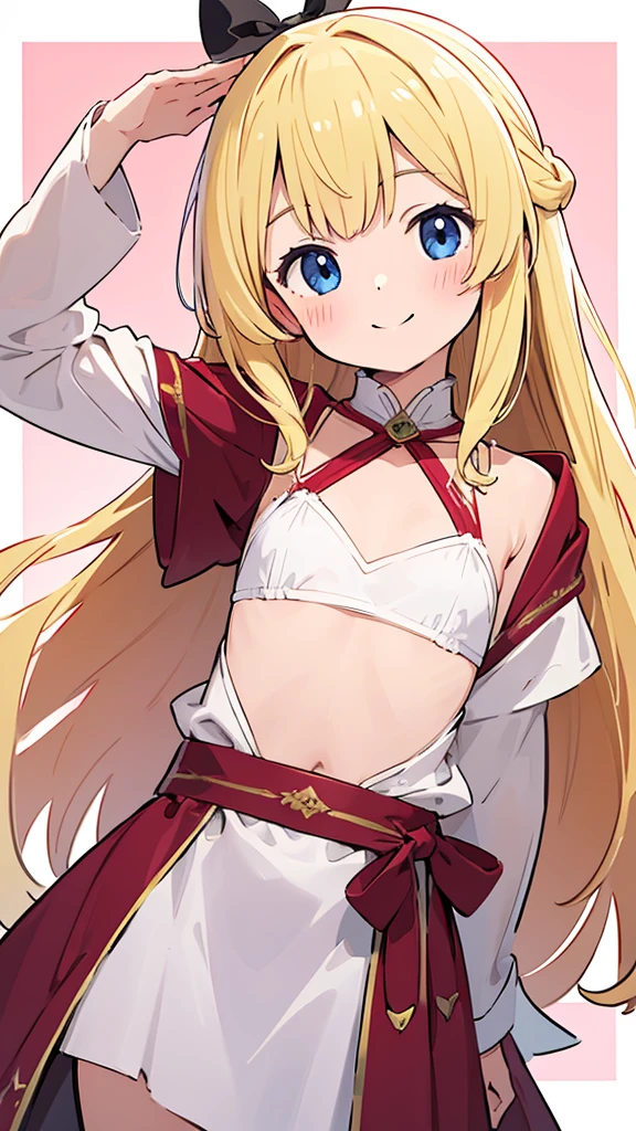 ((masterpiece))((Highest quality))girl、smile、blush、Flat Chest、Are thin、Blonde Hair、Long hair up to half of one&#39;s height、blush、Are standing、Whole body image、Even your toes are visible、Eye level on face、front、No background、真frontのアングル