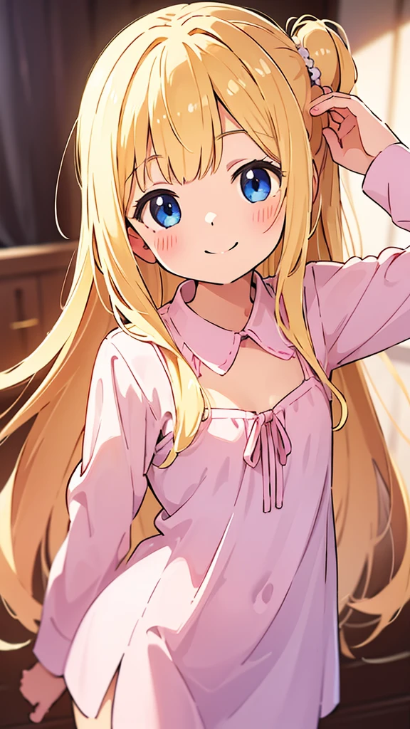 ((masterpiece))((Highest quality))girl、smile、blush、Flat Chest、Are thin、Blonde Hair、Long hair up to half of one&#39;s height、blush、Are standing、Whole body image、Even your toes are visible、Eye level on face、front、No background、真frontのアングル