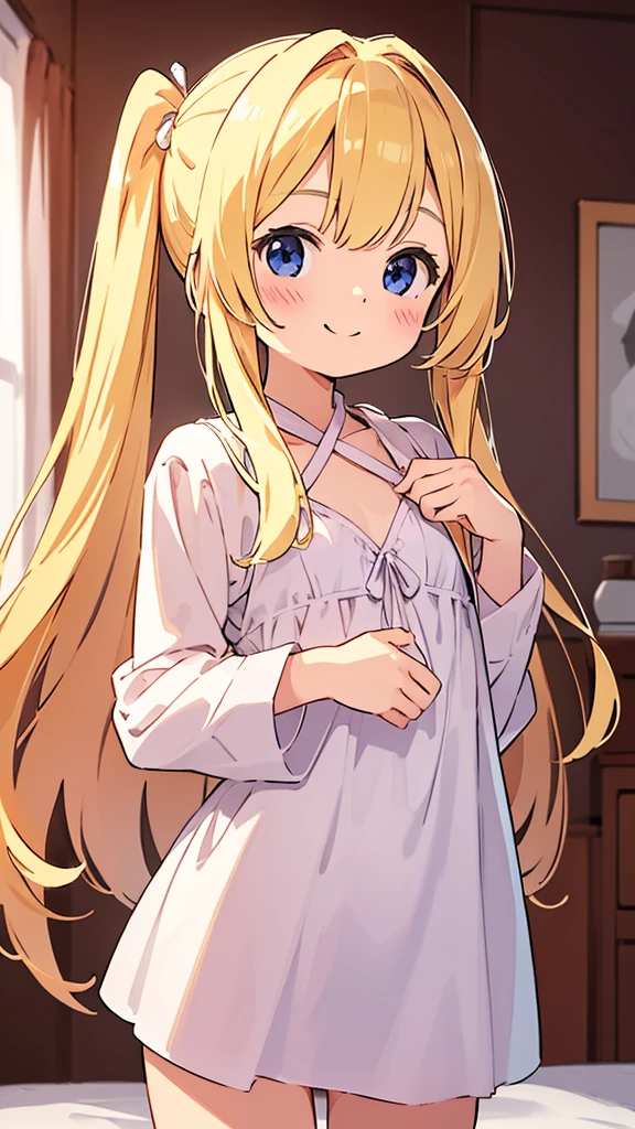 ((masterpiece))((Highest quality))girl、smile、blush、Flat Chest、Are thin、Blonde Hair、Long hair up to half of one's height、blush、Are standing、Whole body image、Even your toes are visible、Eye level on face、front、No background、真frontのアングル