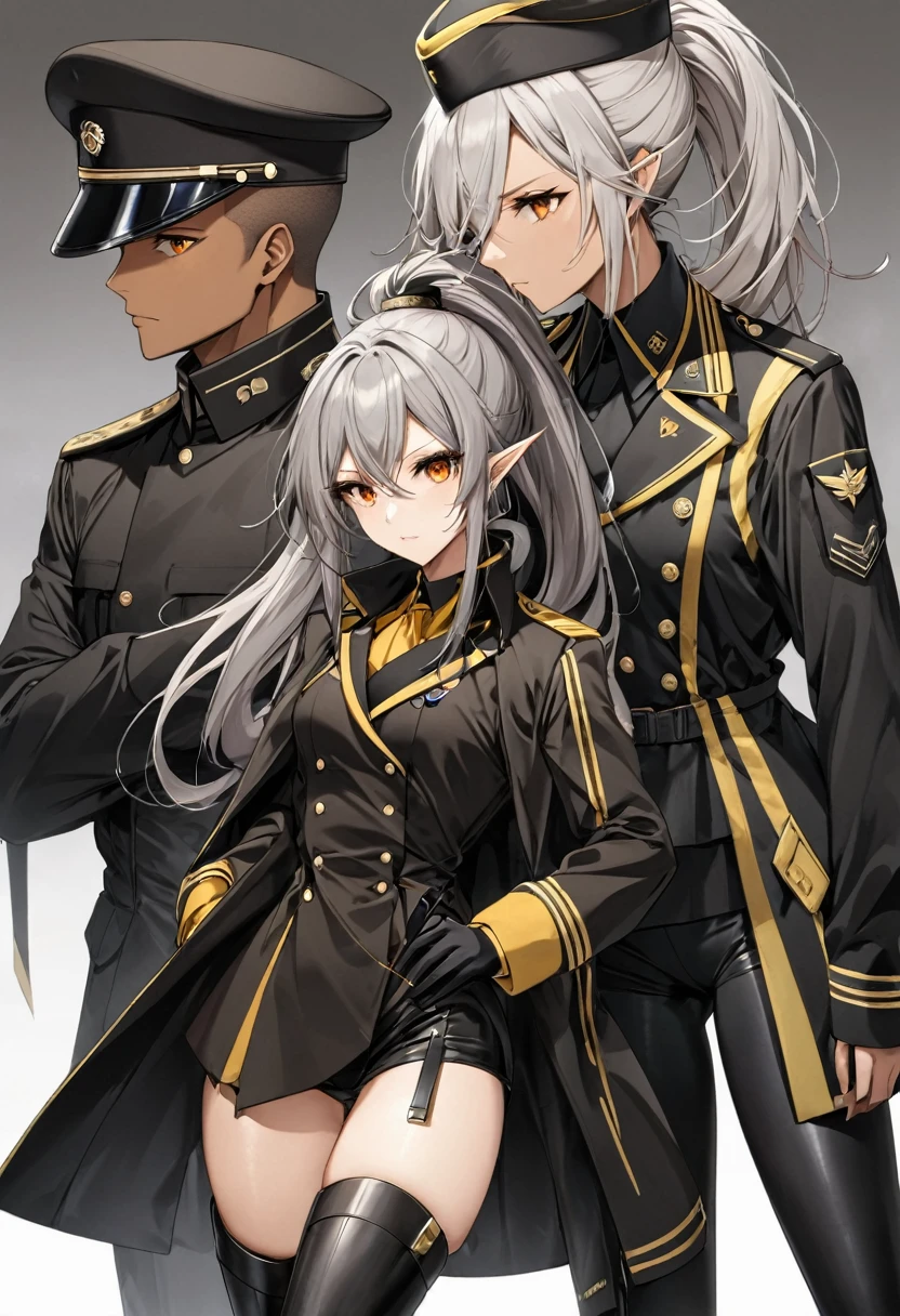 orange eyes,,((brown skin,dark elf,))grey hair,1lady,high ponytail, gold and black coat,jewelry,gold and black uniform,military hat,thigh boots,
