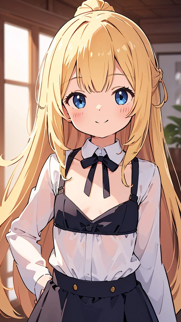 ((masterpiece))((Highest quality))girl、smile、blush、Flat Chest、Are thin、Blonde Hair、Long hair up to half of one&#39;s height、blush、Are standing、Whole body image、Even your toes are visible、Eye level on face、front、No background、真frontのアングル