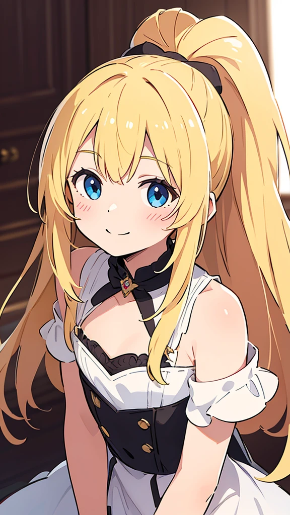 ((masterpiece))((Highest quality))girl、smile、blush、Flat Chest、Are thin、Blonde Hair、Long hair up to half of one's height、blush、Are standing、Whole body image、Even your toes are visible、Eye level on face、front、No background、真frontのアングル