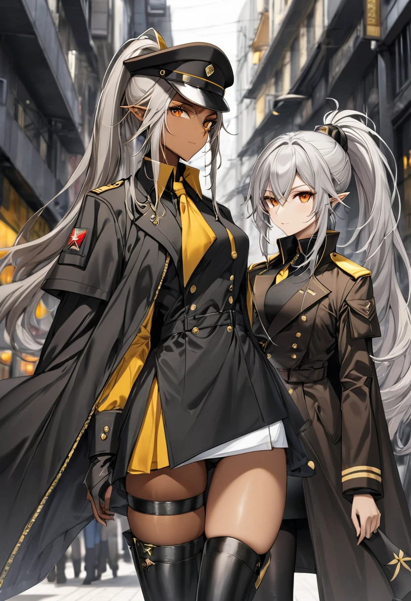 orange eyes,,((brown skin,dark elf,))grey hair,1lady,high ponytail, gold and black coat,jewelry,gold and black uniform,military hat,thigh boots,
