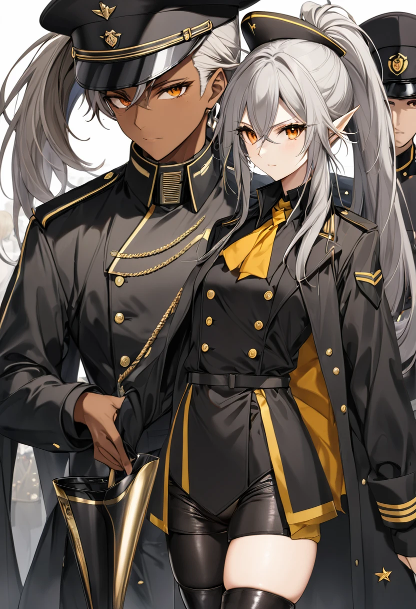 orange eyes,,((brown skin,dark elf,))grey hair,1lady,high ponytail, gold and black coat,jewelry,gold and black uniform,military hat,thigh boots,
