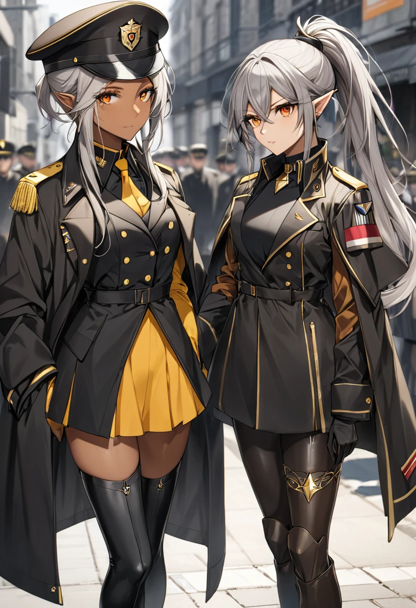 orange eyes,,((brown skin,dark elf,))grey hair,1lady,high ponytail, gold and black coat,jewelry,gold and black uniform,military hat,thigh boots,
