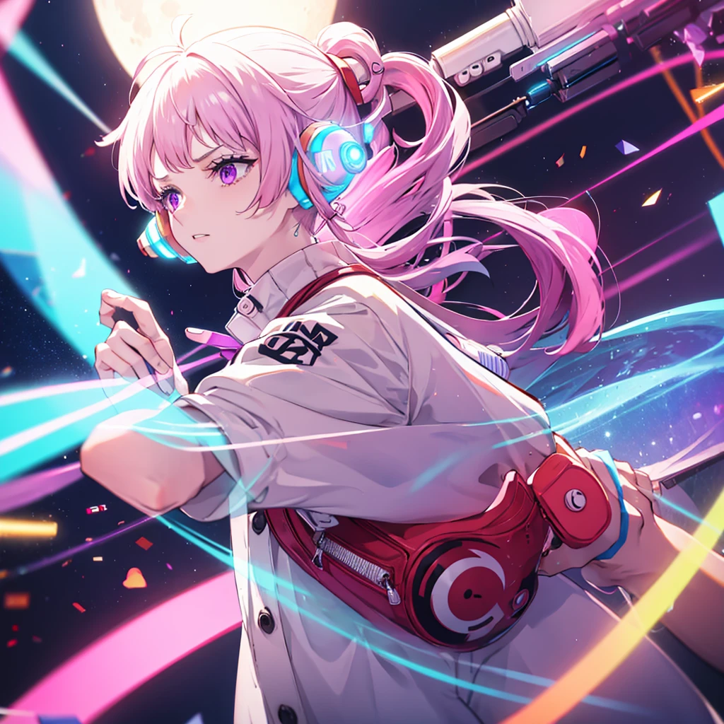 ((Red and white half colors)) purple Eye
((night　full moon))，(music stage Shiny Earrings　Neon Pink　Neon Blue　)，　Sweat　A tense look　Also々funny Face　Headphones
