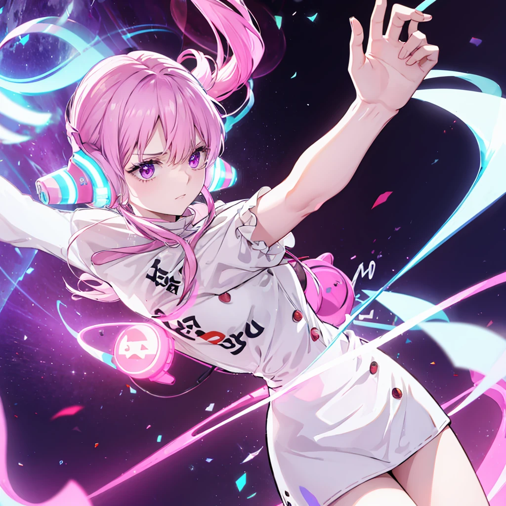 ((Red and white half colors)) purple Eye
((night　full moon))，(music stage Shiny Earrings　Neon Pink　Neon Blue　)，　Sweat　A tense look　Also々funny Face　Headphones
