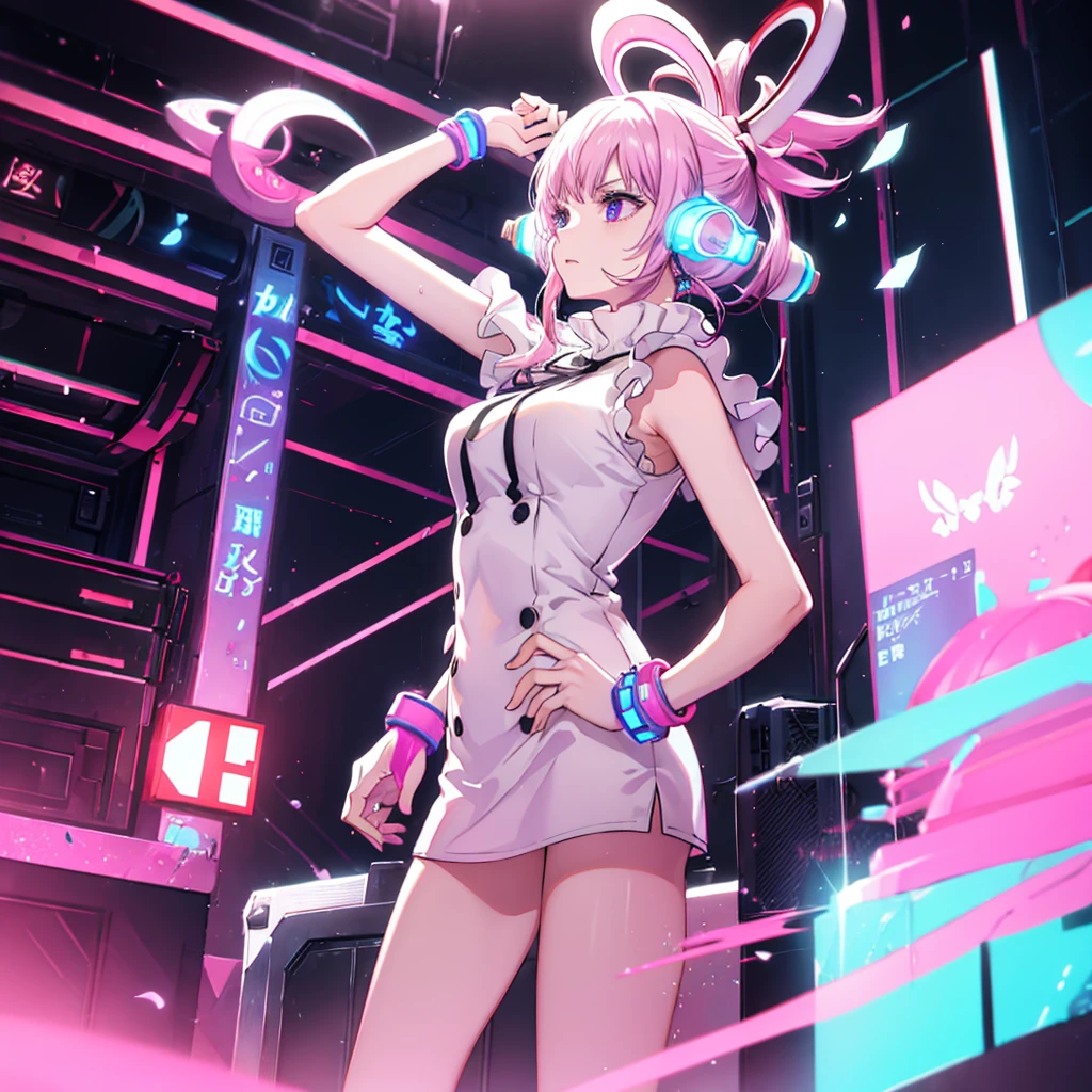 ((Red and white half colors)) purple Eye
((night full moon)),(music stage Shiny Earrings Neon Pink Neon Blue ), Sweat A tense look Also々funny Face Headphones