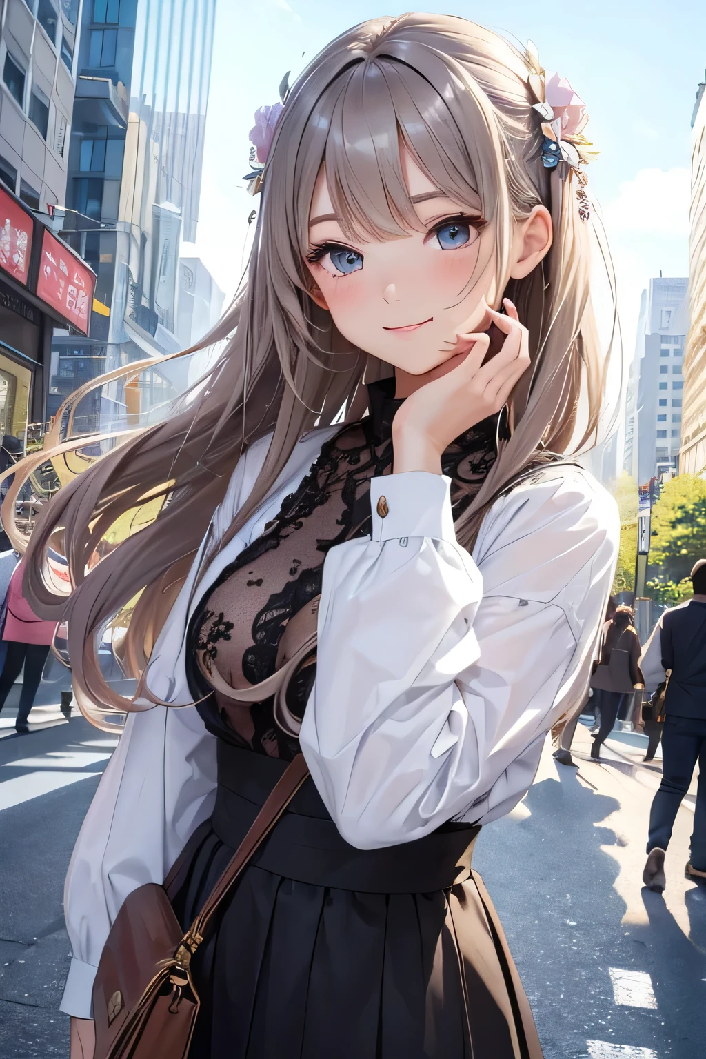 Highest quality、High resolution、Detailed Background、(Beautiful face in every detail:1.4)、Anatomically correct、Teenage beauty、Highly detailed face、Light color hair、cute hairstyle、well-groomed eyebrows、smile、Laughter、Urban Scene、Skyscrapers、Bustling streetscape、

Place the main motif in the center and leave space on both sides、Adding color contrast、Bright center and softer sides、Be aware of the movement of the lines、A composition with depth、cute