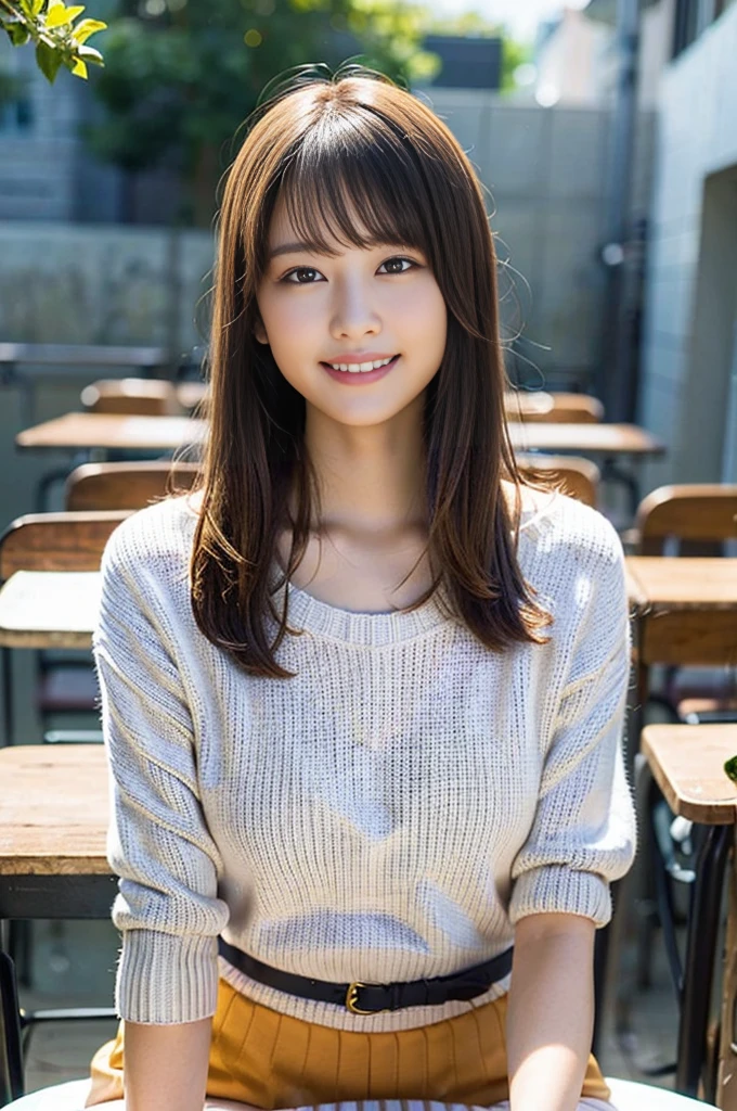 (nsfw:1.5),(8K、Raw photography、top-quality、masterpiece:1.2)、(realisitic、Photorealsitic:1.37)、ultra-detailliert、超A high resolution、女の子1人、see the beholder、beautifull detailed face、A smile、Constriction、(Slim waist) :1.3)、Beautiful detailed skin、Skin Texture、Straight hair、Professional Lighting、Whole human body、Short hair、a blond、hi-school girl、School Grounds、Small breasts、Bob Hair、Happy smile、perspiring、(White panties:1.1)、(Sitting table:1.2)、(Facing the front)、(Striped sweater:1.2)