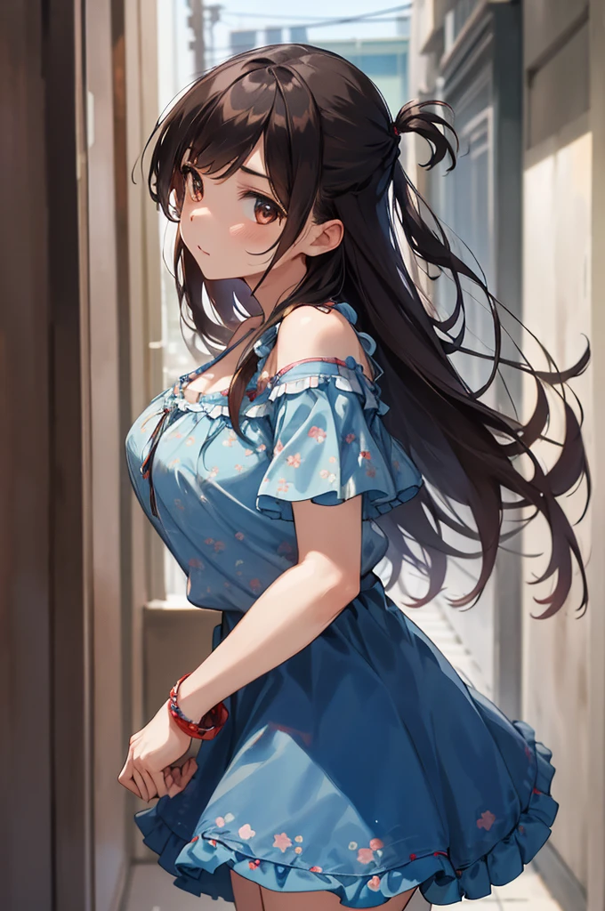 , chi1, 1girl, long hair, one side up, solo, bracelet, bangs, bare shoulders, blue shirt, floral print, short sleeves, off-shoulder shirt, frills, blue skirt, cowboy shot, big breasts,looking viewer,from side