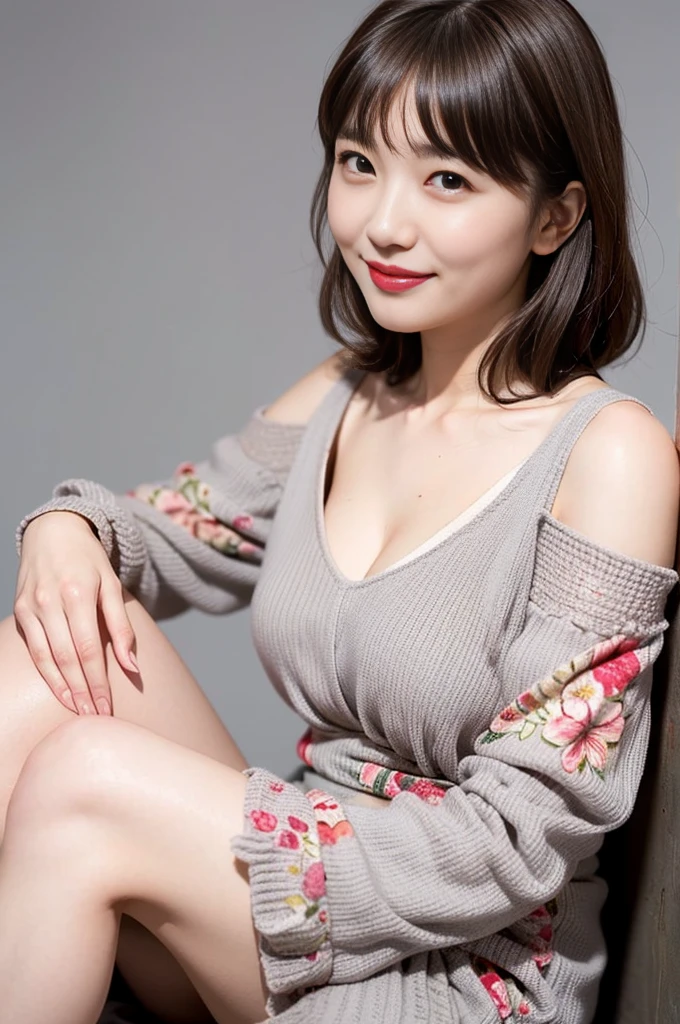 ((Exposing shoulders)), ((Ample breasts)), ((The skirt is short)), ((Sexy Legs)), ((whole body)),Practical的, Stylish girl, Red lips, Mature Woman, Exquisite makeup, Big eyes, beautiful, (Highest quality, masterpiece:1.2), Super detailed, (Practical:1.37), ((random scene, Random shooting angle)), ((Sexy long legs)), Young and energetic, Attractive model, (Delicate eyes, Delicate lips), show a bright smile, Create attractive girl images, Warm colors, Very high color saturation, Official Art, 非Always DetailsなCG, Unified 8K wallpapers, (High Dynamic Range:1.4), (Movie atmosphere),(Soft colors), (Natural skin texture, 超Practical的, Soft Light, Always Details), night, moonlight、((Floral Outfit))、(((Gray background)))、smile、Are standing。