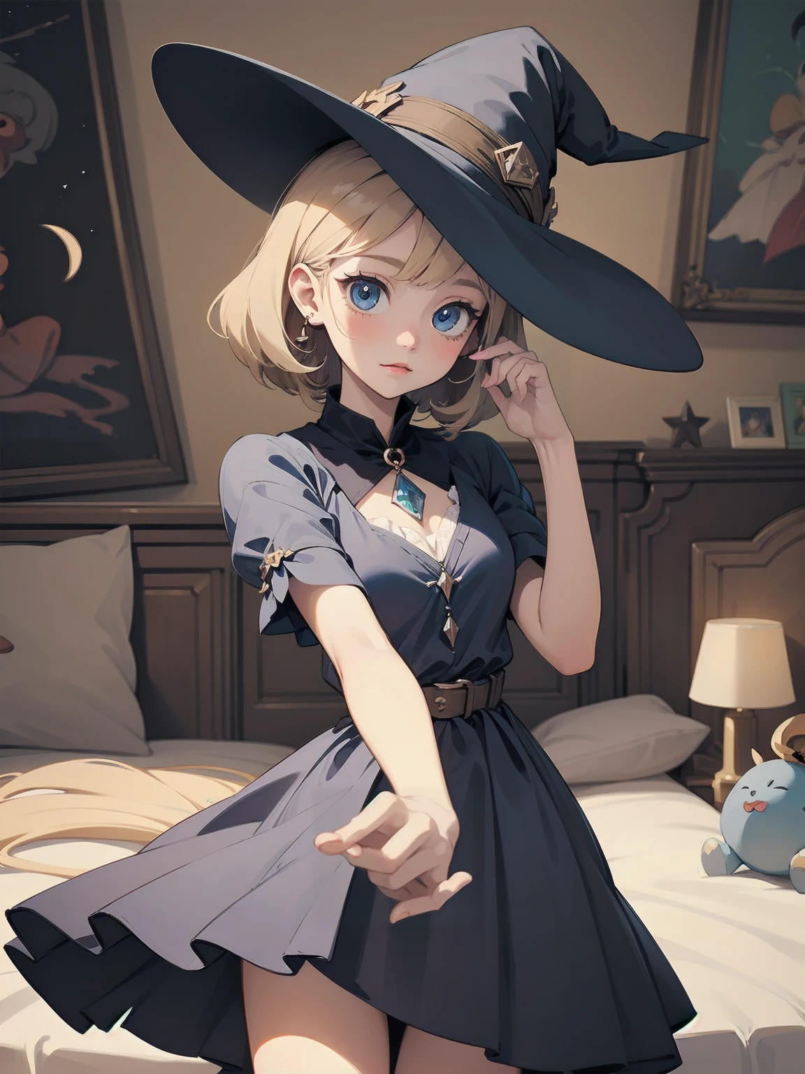 masterpiece, illustration, super detailed, kawaii, one girl, solo, witch in super cute pose, bed room, cowboy shot  ,sfw, Dynamic angle