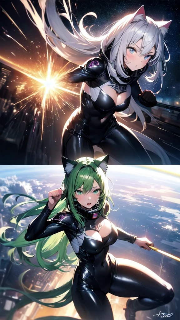 prompts A silver-haired beautiful girl with cat ears eyes are green hair is silver and long clothes: a form-fitting black combat suit The fist is an afterimage The background is a city at night her is in a cat-like fighting pose The year is 14 years monitor, Dark Night, Sweat, Steam of Exhalation, Space, Battle, Dynamic Angle one girl