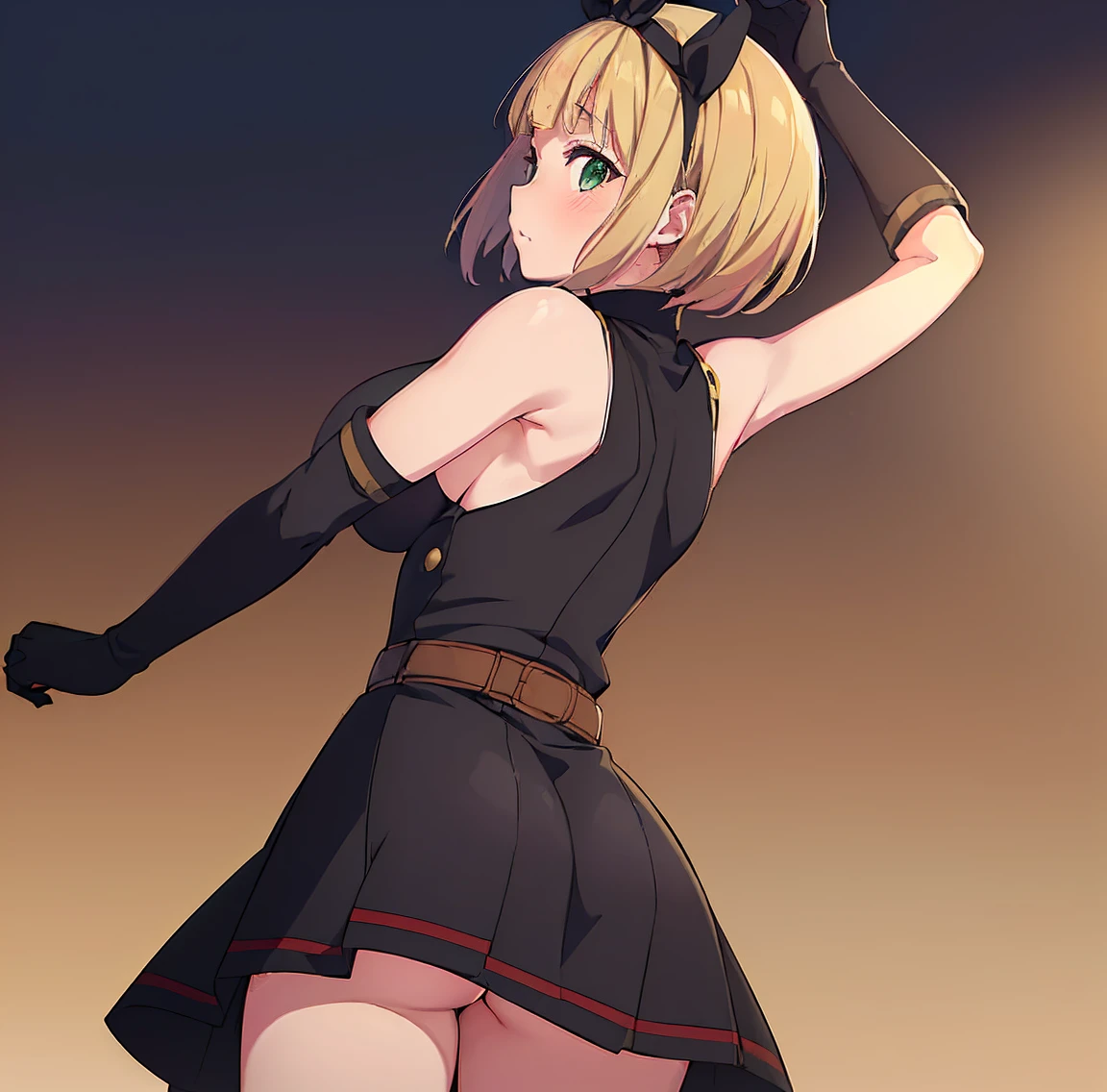 ((1girl)), ((alone)),shushu suruga, ((extremely detailed CG unity 4k wallpaper)), (masterpiece), (ultra quality), (ultra detailed), (best illustration), (best shadow), (extremely detailed), looking at viewer, (absurdities), (detailed background), curvy body, dynamic pose, cowboy photo, medium breasts, medium waist, wide hips, wide thighs, round butt, ((blonde_hair , short_hair, 1 girl, green_eyes, solo, headband, bangs, big_breasts, black bow, uniform, black gloves, elbow-length, military, military_uniform, black uniform with red details, gold buttons, bare thighs, black boots, knee-high , brown belt with gold details, separate_sleeves, sleeveless,)), smile, mouth closed)), standing, cowboy photo, backlight, ((only)), ((standing: 1.4, outdoor, park, cityscape ,trees ,(stoic,blushing,sexy expression, closed mouth, sexy pose), looking back,from behind, ((focus on ass), point of view: (from below), perfect anatomy, perfect hands
