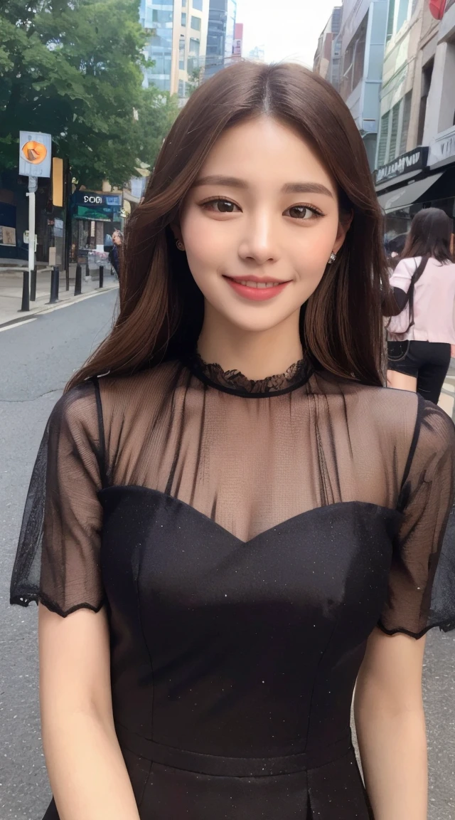 ((Highest quality, 8K, masterpiece :1.3)), One girl, smile, whole body, Slim face, Beautiful woman, (Dark brown hair), Full-length dress :1.1, Highly detailed face, Fine grain, double eyelid, Blur the background, Slim face, city, outside, street,
