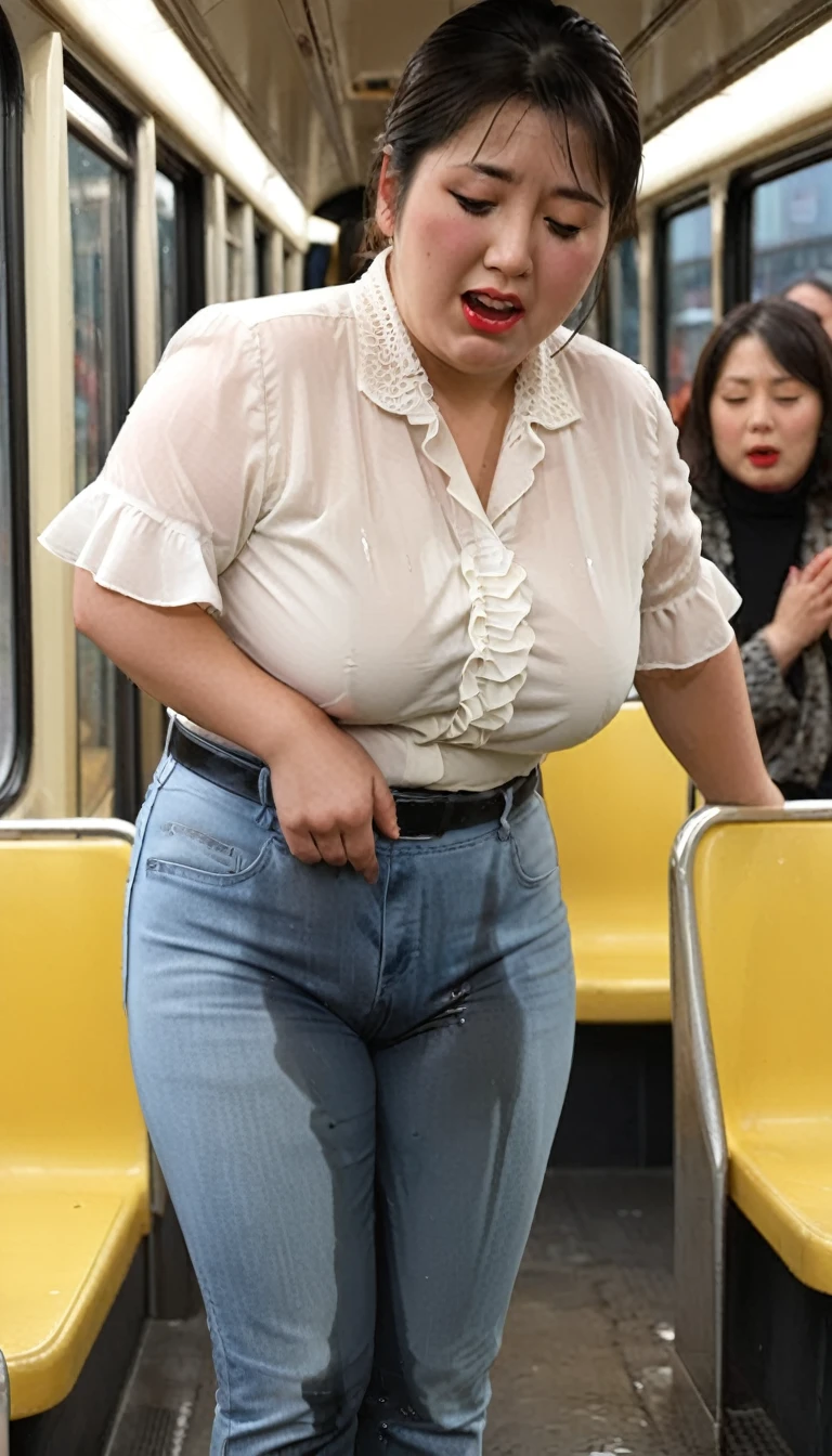 1woman,2kids,fullbody,(masterpiece:1.5),photo-realistic,16k,(beautiful 40s japanese plump lady:1.4),(crowded bus:1.6),(frilled blouse:1.5),(jeans:1.3),(sandals:1.5),(handing on wetting crotch with both hands:1.6),(whimpering:1.6),(panicking:1.6),(crying:1.6),(wetting:1.7),(dripping pee:1.4),brown straight medium hair,black eyes,makeup,lipstick,eyeliner,mascara,eyeshadow