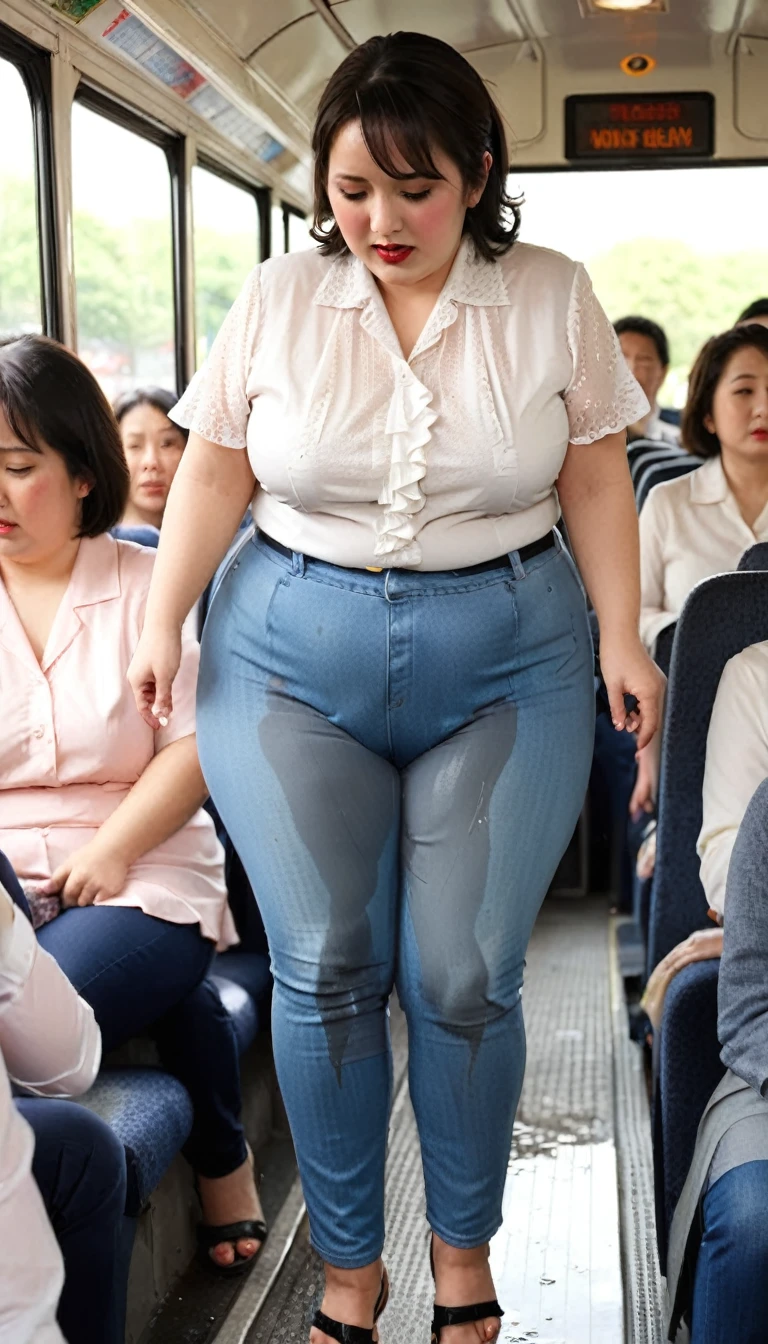1woman,2kids,fullbody,(masterpiece:1.5),photo-realistic,16k,(beautiful 40s japanese plump lady:1.4),(crowded bus:1.6),(frilled blouse:1.5),(jeans:1.3),(sandals:1.5),(handing on wetting crotch with both hands:1.6),(whimpering:1.6),(panicking:1.6),(crying:1.6),(wetting:1.7),(dripping pee:1.4),brown straight medium hair,black eyes,makeup,lipstick,eyeliner,mascara,eyeshadow