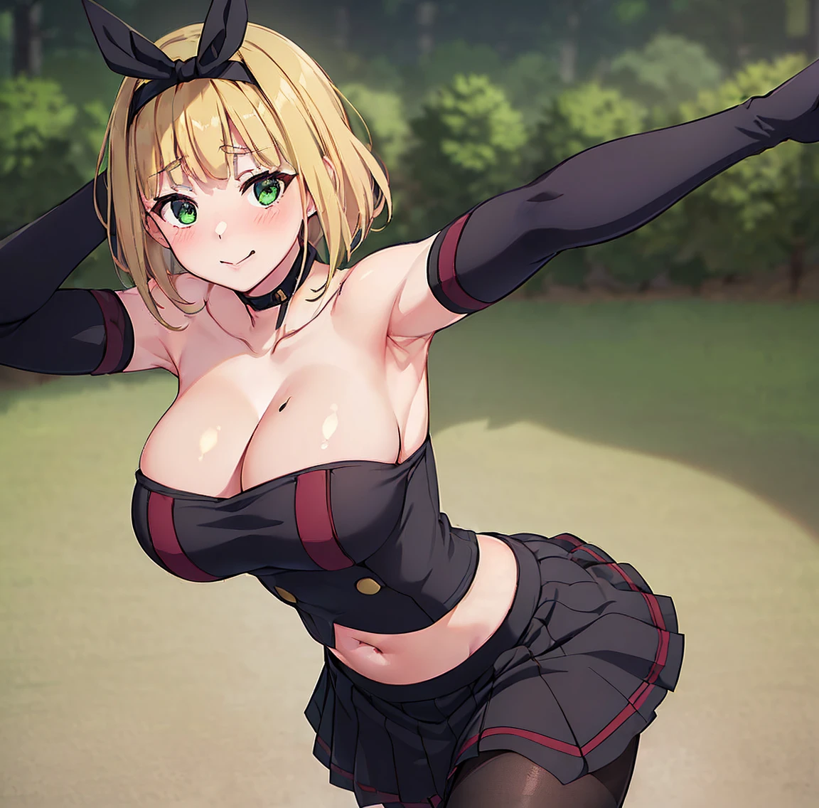 ((1girl)), ((alone)),shushu suruga, ((extremely detailed CG unity 4k wallpaper)), (masterpiece), (ultra quality), (ultra detailed), (best illustration), (best shadow), (extremely detailed), looking at viewer, (absurdities), (detailed background), curvy body, dynamic pose, cowboy photo, medium breasts, medium waist, wide hips, wide thighs, round butt, ((blonde_hair , short_hair, 1 girl, green_eyes, solo, headband, bangs, big_breasts, black bow, black headband, mugenloopdalove outfit, collarbone, neck, strap, heart, navel, bandeau, plaid, bare shoulders, bare arms, one glove, bracelet , wristbands, miniskirt, layered skirt, ruffles, fishnet pantyhose,)),smile, mouth closed)), standing, cowboy photo, backlight, ((only)), ((standing: 1.4, outdoor, park ,cityscape,trees,(stoic,blushing,sexy expression, closed mouth, sexy pose), looking forward, ((focus on breasts), point of view: (from above), perfect anatomy, perfect hands,