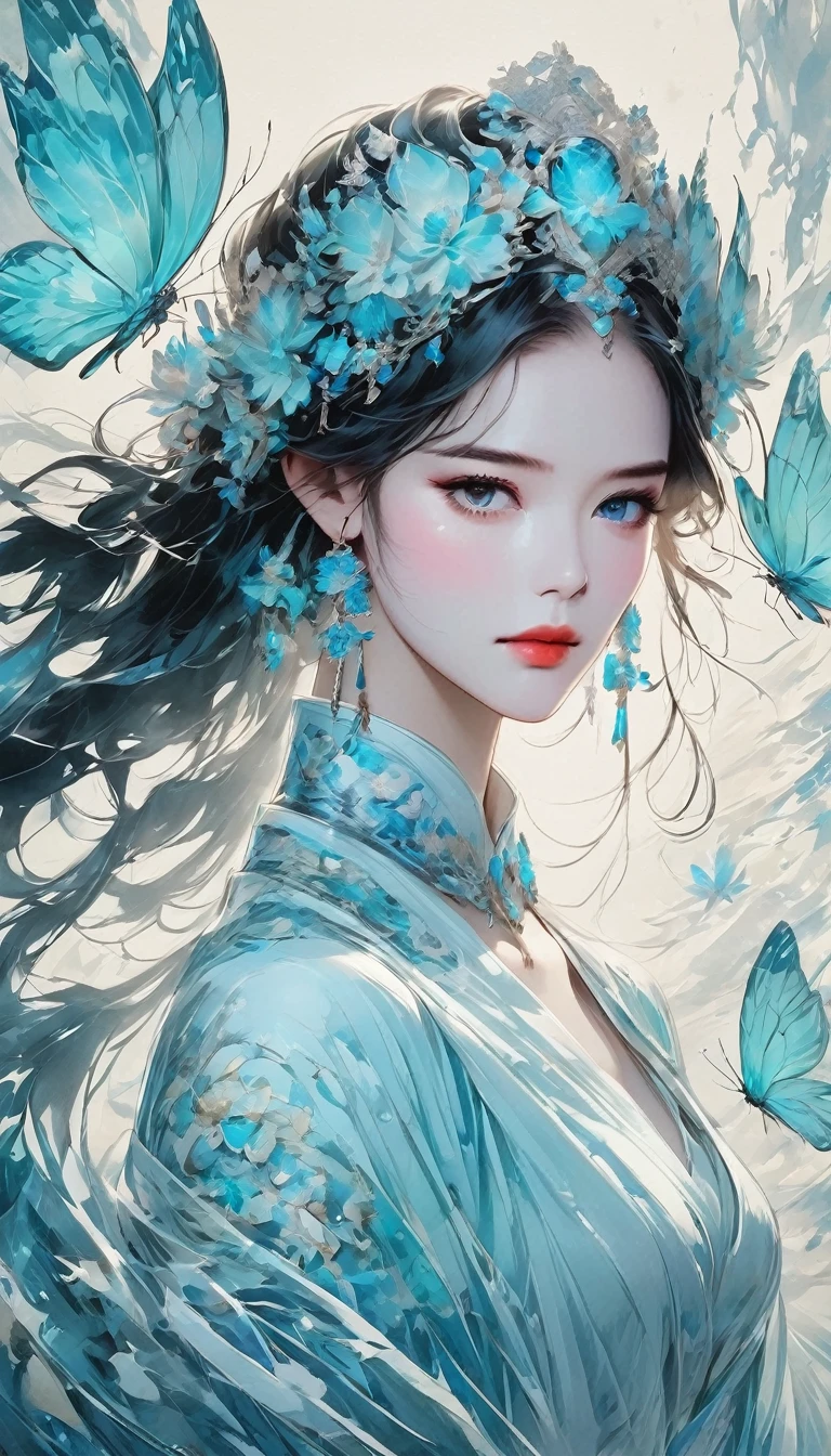 Monochrome Tiffany Blue, PAPERCUT, Highest quality, Super quality, 16K, Incredibly absurd, Very detailed, delicate and dynamic, A fusion of watercolor and oil painting, Mixing monochrome and color, Portrait of a pretty girl, Three-dimensional effect expressed by light and shadow, Eye-catching effect, modern art, A kaleidoscope of colors in the background