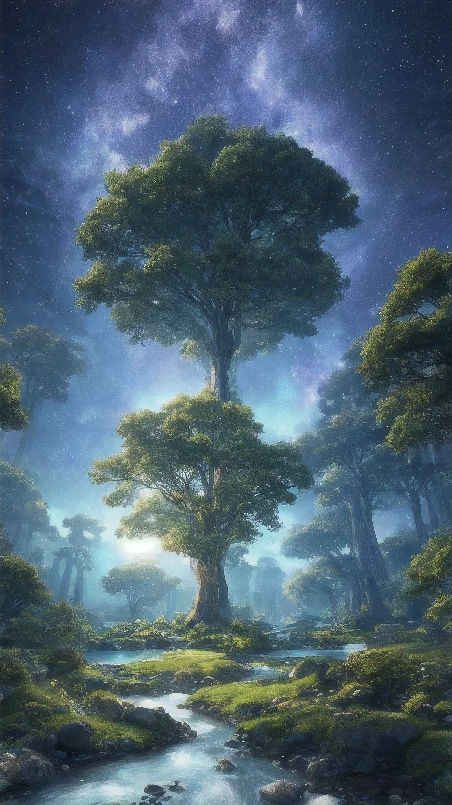 Illustration of a hyperrealistic , otherworldly, ultrasky scene featuring a giant crystal tree full body,very detailed and magical lighting, intricate forest details, vegetation and river around, solarpunk ,landscape, giant tree, beatifull leafy with beautiful lighting and realistic proportions, as if it were a cinematic background, 8k, highest quality, masterpiece, clouds and stars in the sky.