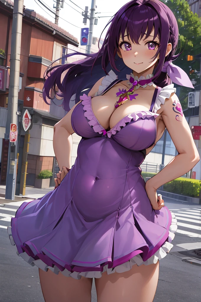 masterpiece, best quality, highres, hi1, purple hair, purple eyes, large breasts, hair bow, magical girl, hair ornament, outdoors, street, stomach, underboob, frilled dress, cleavage, hand on hip, pubic tattoo,
