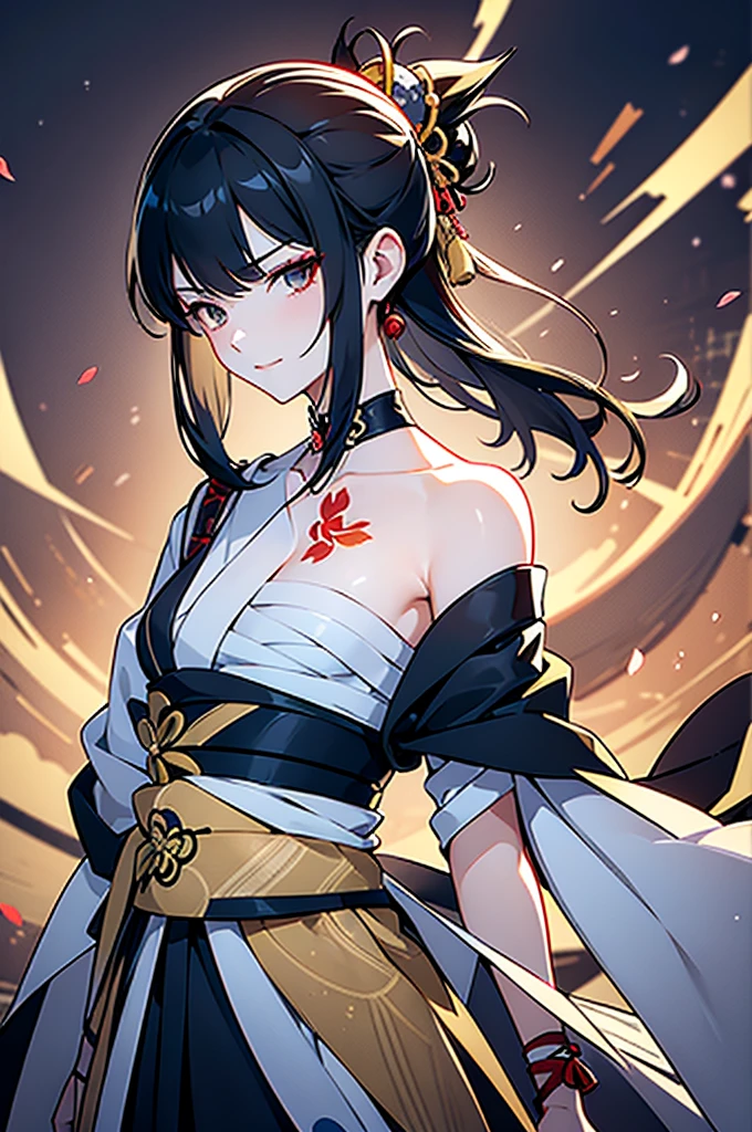 ((roll up bandage sideways on a chest tightly to cover the chest without gaps)), bandage samweways, the bantage is no chest shape, flat chest, ((Japanese Gangster BOSS)), adult woman with the dignified presence, Killing Qi, wear nothing around shoulder, wear nothing around neck, wear the kimono, wear it below the waist, (I wind it up to control it, and to attach it), ((kimono come off)) ,wear the kimono multiple times, Bare shoulders and the clavicle, black and gold kimono, put on over jacket of kimono, eye fire, low angle, whole body, bandage is seen, anime character, Glaring, off sholder, nappropriate smile, Excellent, black blue hair, can see both shoulder, long hem, small face, ((cherry blossam tattoo on the arm))