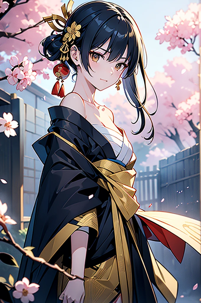 ((roll up bandage sideways on a  chest tightly to cover the chest without gaps)),  bandage samweways, the bantage is no chest shape, flat chest, ((Japanese Gangster BOSS)), adult woman with the dignified presence, Killing Qi, wear nothing around shoulder, wear nothing around neck, wear the kimono, wear it below the waist, (I wind it up to control it, and to attach it),  ((kimono come off)) ,wear the kimono multiple times, Bare shoulders and the clavicle, black and gold kimono, put on over jacket of kimono,  eye fire, low angle, whole body, bandage is seen, anime character, Glaring, off sholder, nappropriate smile, Excellent, black blue hair, can see both shoulder, long hem, small face, ((cherry blossam tattoo on the arm))