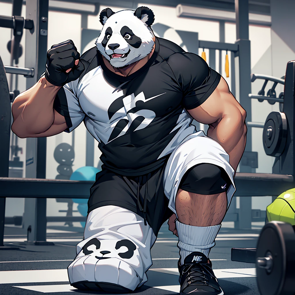 A giant panda is working out in a gym. This panda is wearing a sports outfit that includes a t-shirt and shorts. The upper half of the dress is black and the lower half is white. Panda shoes are also white and black and are Nike brand. This picture shows a panda working out in human form at the gym, looking stylish and sporty.