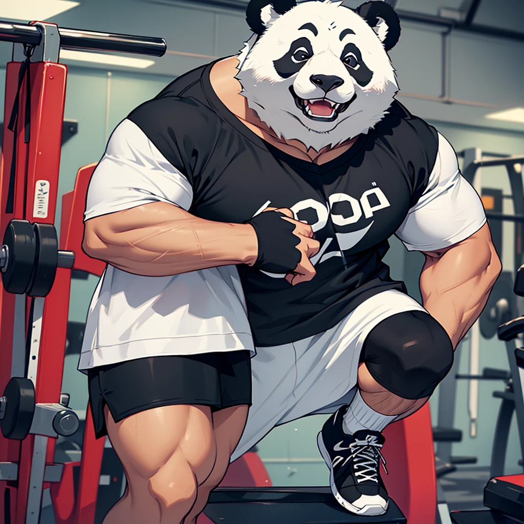A giant panda is working out in a gym. This panda is wearing a sports outfit that includes a t-shirt and shorts. The upper half of the dress is black and the lower half is white. Panda shoes are also white and black and are Nike brand. This picture shows a panda working out in human form at the gym, looking stylish and sporty.
