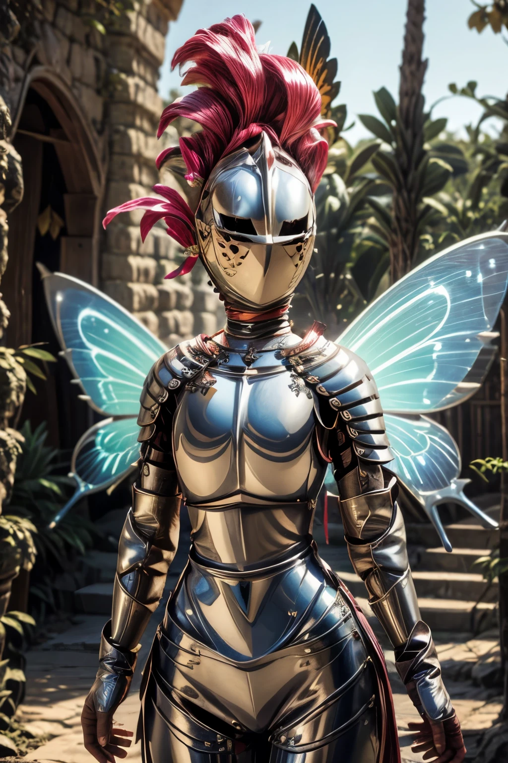 
A knight as a tiny glowing fairy, Kardia, butterfly_wings, KARDIAOFRHODES, HELMET, PLUME, breastplate, glowing, navel, (Best quality)