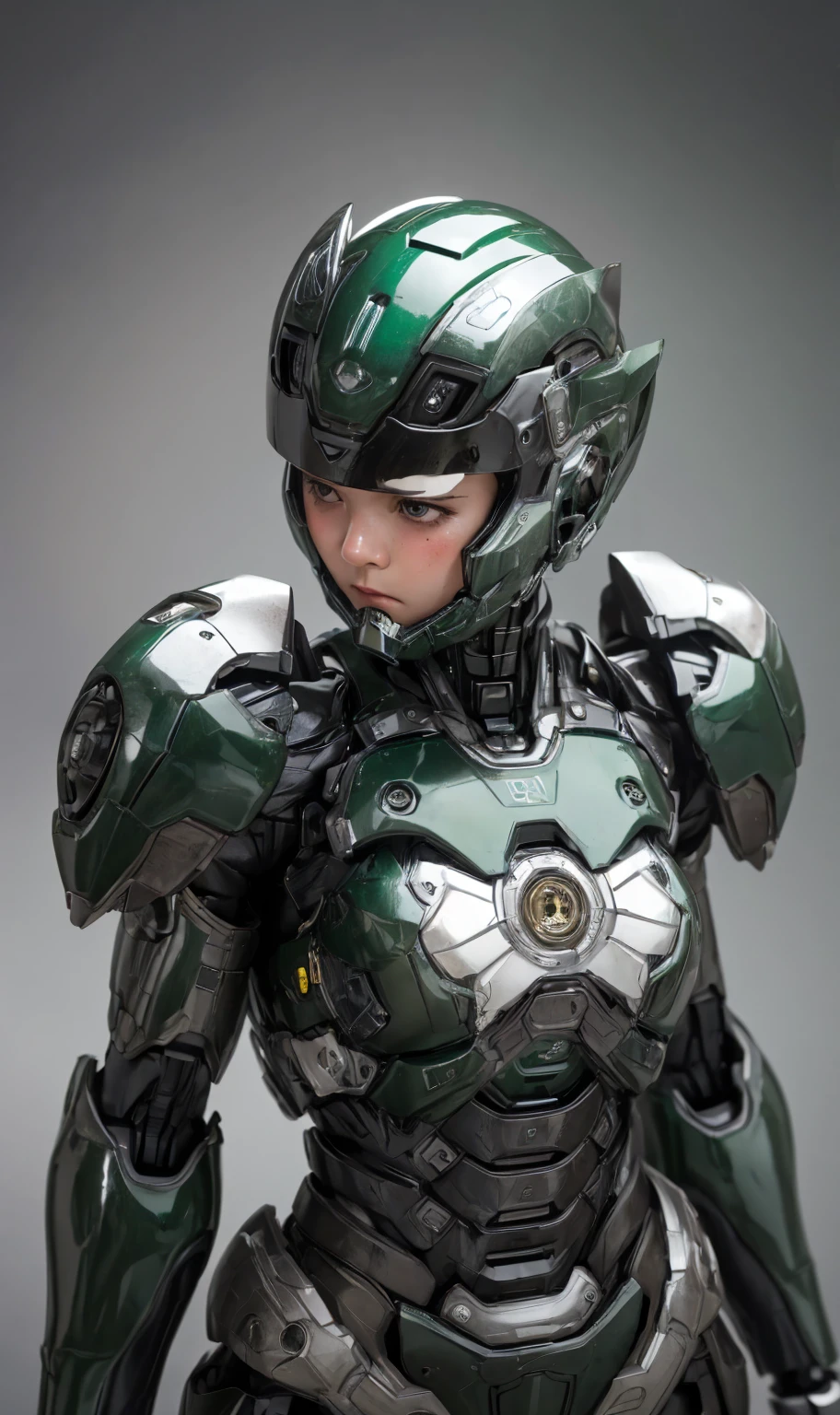 Textured skin, Very detailed, Attention to detail, high quality, 最high quality, High resolution, 1080P, hard disk, beautiful,(War Machine),beautifulサイボーグ女性,Dark Green Mecha Cyborg Girl,Fight,Girl with a mechanical body,、Kindergarten girl Boyish short hair、Sweaty brown eyes、Sweaty face、Expressions of distress Blushing cute Black-haired ((Steam coming from the head)) (Steam coming out of the whole body) Cool pose No skin showing Transformation pose