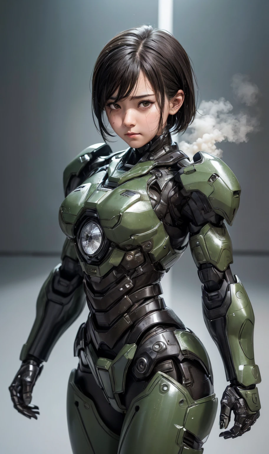 Textured skin, Very detailed, Attention to detail, high quality, 最high quality, High resolution, 1080P, hard disk, beautiful,(War Machine),beautifulサイボーグ女性,Dark Green Mecha Cyborg Girl,Fight,Girl with a mechanical body,、Kindergarten girl　Boyish short hair、Sweaty brown eyes、Sweaty face、Expressions of distress　Blushing　cute　Black-haired　((Steam coming from the head)) (Steam coming out of the whole body) Cool pose　No skin showing　Transformation pose