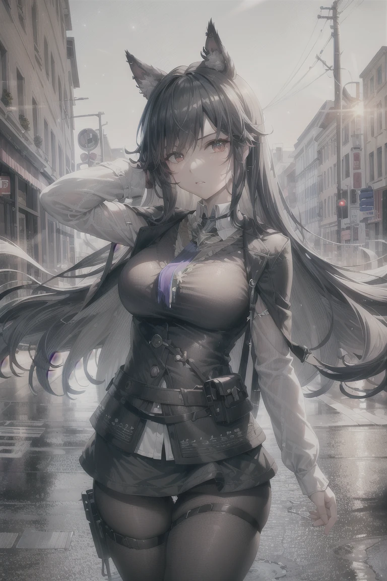 (8K, RAW Photos, Highest quality, masterpiece:1.4), Ultra-high resolution, (Realistic, photo-Realistic:1.48),Omertoza,One girl,(K-Pop Idols), (aegyo sal:1),cute, (super Bokeh night city center:1.25), Bokeh, night, signal machine, road signs, rain, after rain, Wet, Professional Lighting, Detailed lighting, Photon Mapping, Radio City, Physically Based Rendering,Black Pantyhose Bloom, Backlight, Depth of written boundary, Natural light, Hard Focus, film grain, 1 meter shooting range, Professional photography, Shooting with Sony a9 II mirrorless camera, Fine grain, Realistic eyes, Detailed Shadows, View your viewers, Dog Ears, Detailed lighting, skirt, black skirt, Knee socks, black Knee socks, (Detailed Hair, Realistic hair, Realistic lighting, Realistic shadow, Realistic outfit), Realistic skin, (Gun on your hip:1), Realistic reflection of light from above, ((Put your arms behind your back)),(Hands Behind Back),Tube top,sexy