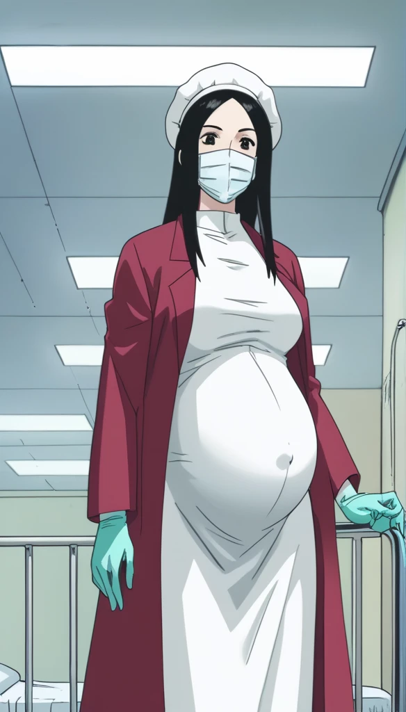 score_9,  score_8_up, score_7_up, source_anime, raw image, masterpiece, highest quality, kasuganoray, pale skin, her eyes are happy, long black hair, big breasts, scrubs, surgical mask, bouffant cap, long sleeve maternity dress, put on another long sleeved coat, seamless, navel head, the dress isn't wrinkled, long white stockings,
1girl, pregnant, solo, long rubber gloves, looking down, look at viewer, furrowed brow, hospital bed, light shines from the ceiling, standing, patient room background, she is inquiring about the patient's condition