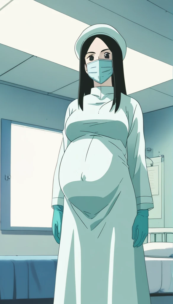 score_9, score_8_up, score_7_up, source_anime, raw image, masterpiece, highest quality, kasuganoray, pale skin, her eyes are happy, long black hair, big breasts, scrubs, surgical mask, bouffant cap, long sleeve maternity dress, put on another long sleeved coat, seamless, navel head, the dress isn't wrinkled, long white stockings,
1girl, pregnant, solo, long rubber gloves, looking down, look at viewer, furrowed brow, hospital bed, light shines from the ceiling, standing, patient room background, she is inquiring about the patient's condition
